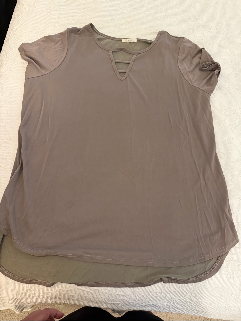 Maurices Taupe Gray Lattice Strappy Neckline Short Sleeve Top Size Plus 1 / 1X